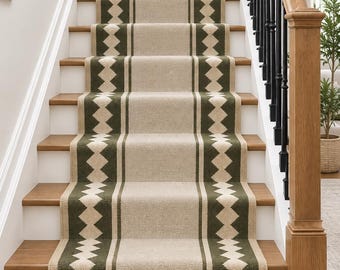 May include: A stair runner featuring a central beige panel flanked by two dark green borders with a repeating white diamond pattern. The runner is installed on wooden stairs, covering the treads and risers in a continuous, straight vertical path.