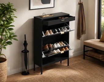 Shoe Cabinet, Black Shoe Storage Organizer Cabinet with 2 Flip Doors, Freestanding Entryway Shoe Rack with Adjustable Shelves