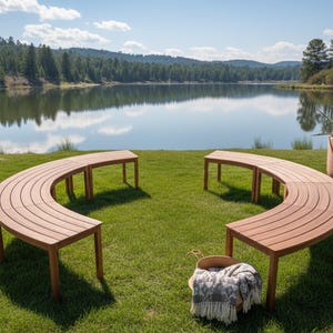 Outdoor Fire Pit Bench Set, Acacia Wood Curved Patio Bench, Backless Garden Seating for Backyard Porch Deck, Heavy Duty 1200lb Capacity