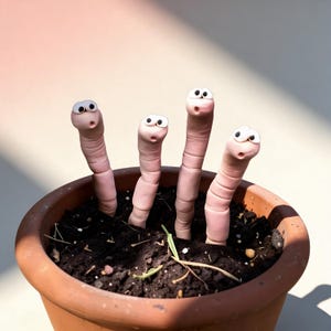 Peut inclure: Un pot en terre cuite rempli de terreau, orné de quatre sculptures de vers roses aux expressions amusées. Les vers semblent émerger du sol. Une décoration de jardin originale et amusante, idéale pour ajouter une touche fantaisiste.