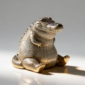 Peut inclure: Figurine d'alligator métallique détaillée avec une expression souriante. La sculpture présente un corps texturé, de petits bras et jambes, et est posée en position assise. La couleur est un mélange d'or et d'argent.