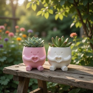 Peut inclure: Deux petits pots de plantes succulentes souriants, un rose et un blanc, sont posés sur un banc en bois. Chaque pot a un motif en forme de cœur formé par ses bras. Les pots sont remplis de succulentes vertes, créant une scène de jardin charmante.