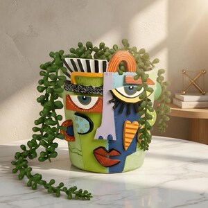 Può includere: Un'originale fioriera a forma di volto astratto, con un design verde, blu, arancione e viola. La fioriera presenta un design a volto stravagante con una varietà di forme e motivi. Piante succulente verdi pendenti traboccano.
