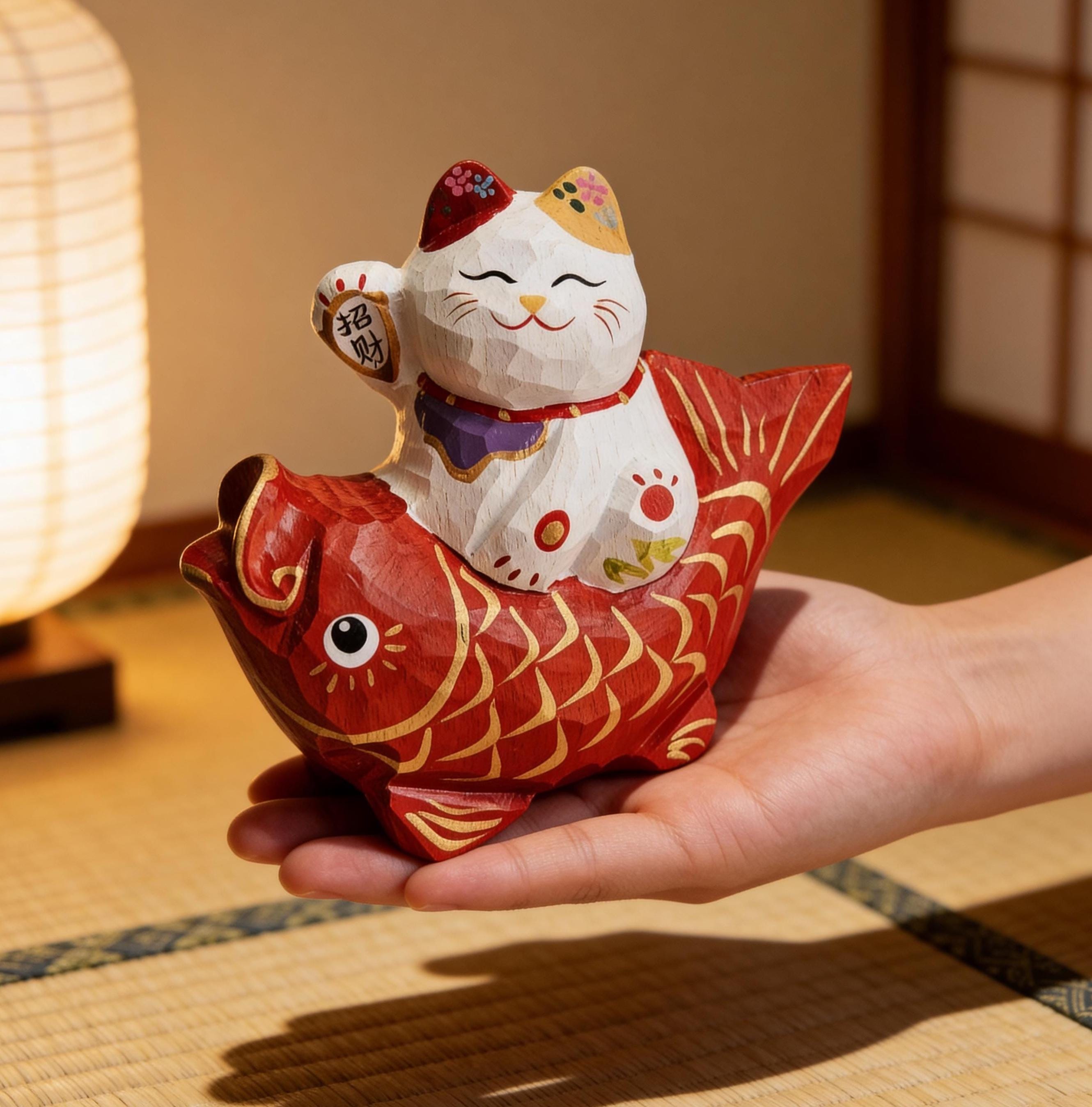 招き猫風の猫の置物 招き猫の彫刻 - Etsy 日本