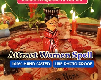 May include: A wooden figurine painted with a black hairstyle and a red patterned garment, positioned on a surface with red rose petals, a skull, and candles. Text on the image reads: Become Magnetic To Women, Attract Women Spell, 100% HAND CASTED, LIVE PHOTO PROOF, BOOST CONFIDENCE & CHARM.