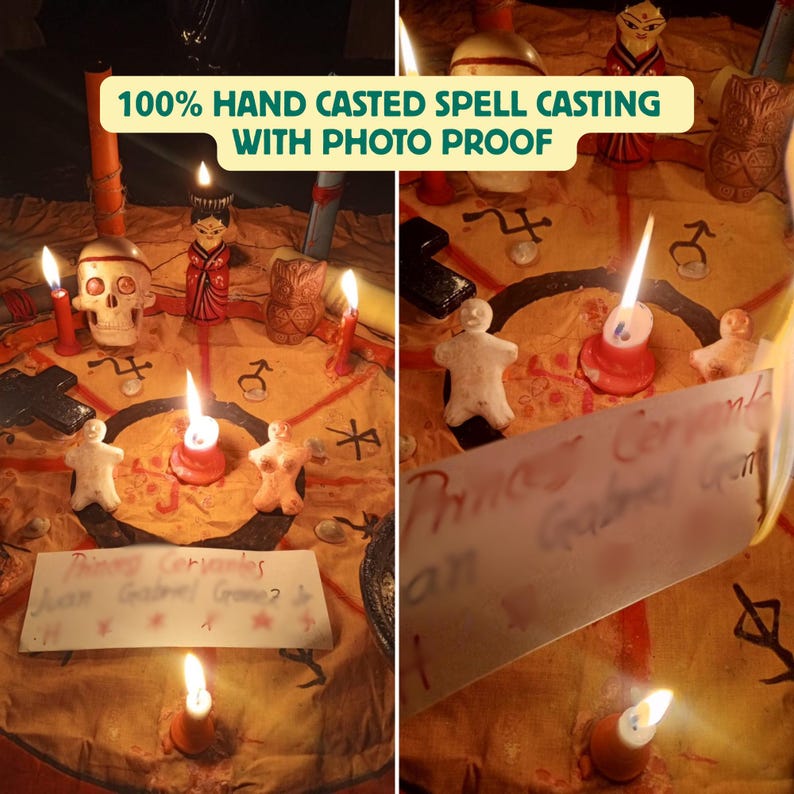 May include: A ritual setup featuring a tan cloth with black symbols, lit candles, a skull, small figurines, and a white paper with the text 100% HAND CASTED SPELL CASTING WITH PHOTO PROOF and handwritten names including Prince Cervantes.