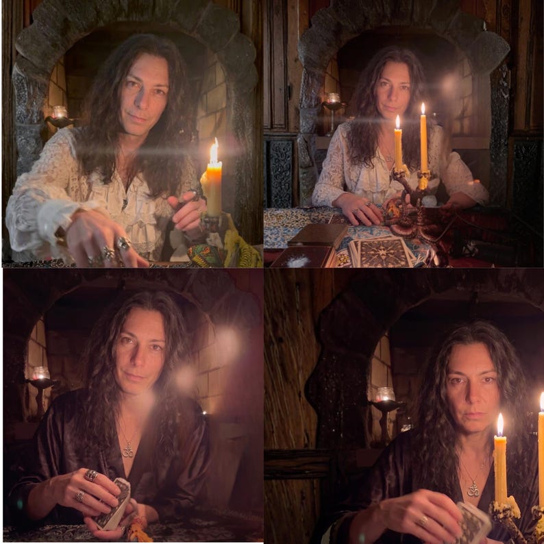 May include: A collage of four images featuring a person with long dark hair wearing a white lace shirt or a dark satin robe, sitting at a table with tarot cards and lit candles in a dimly lit room with a stone archway in the background.