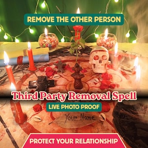 Puede incluir: Un montaje ritual con velas rojas, un cráneo humano, una pequeña figura, una rosa roja y pétalos rojos esparcidos sobre una tela estampada. El texto dice: REMOVE THE OTHER PERSON, Third Party Removal Spell, LIVE PHOTO PROOF, YOUR NAME, PROTECT YOUR RELATIONSHIP.