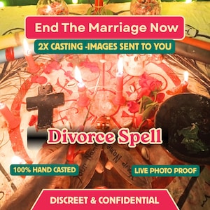 Peut inclure: Un ensemble rituel avec des bougies rouges, une croix noire, un crâne et deux feuilles portant l'inscription 'Your Name'. Les textes superposés indiquent : 'End The Marriage Now', '2X CASTING -IMAGES SENT TO YOU', 'Divorce Spell', '100% HAND CASTED', 'LIVE PHOTO PROOF' et 'DISCREET & CONFIDENTIAL'.