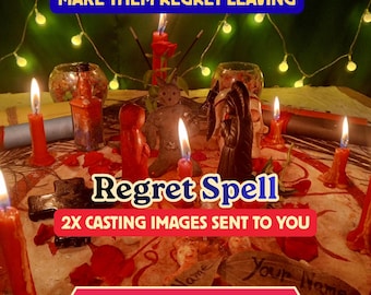 Può includere: Un allestimento rituale con candele rosse e nere, piccole statuette e petali rossi sparsi su una superficie con il testo "MAKE THEM REGRET LEAVING", "Regret Spell", "2X CASTING IMAGES SENT TO YOU" e "THEY'LL COME BACK SORRY".
