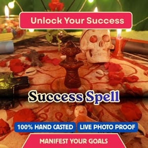 May include: A brown clay figurine stands on a patterned cloth surrounded by a white skull, red rose petals, and small seashells. Text overlays read Unlock Your Success, Success Spell, 100% HAND CASTED, LIVE PHOTO PROOF, and MANIFEST YOUR GOALS.