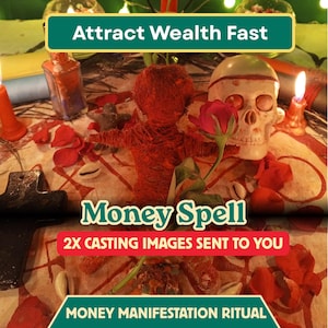 Puede incluir: Una muñeca de hilo rojo, un cráneo humano, una rosa roja y una cruz negra sobre una tela estampada. Los textos superpuestos dicen: Attract Wealth Fast, Money Spell, 2X CASTING IMAGES SENT TO YOU y MONEY MANIFESTATION RITUAL. Velas y conchas presentes.