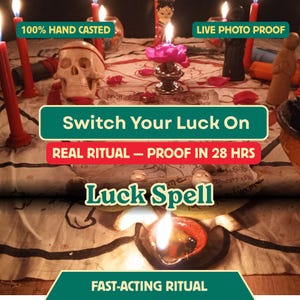Könnte beinhalten: Ein rituelles Arrangement mit einem menschlichen Schädel, brennenden roten Kerzen, einer rosa Blume und einer kleinen Schale mit Flamme. Die Texteinblendungen lauten 100% HAND CASTED, LIVE PHOTO PROOF, Switch Your Luck On, REAL RITUAL — PROOF IN 28 HRS, Luck Spell und FAST-ACTING RITUAL.