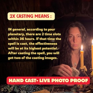 May include: A person with long dark hair sits before two lit candles, holding a deck of cards. Text reads: 2X CASTING MEANS: IN general, according to your planetary, there are 2 time slots within 36 hours. After casting the spell, you will get two of the casting images. HAND CAST- LIVE PHOTO PROOF