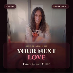 May include: A digital graphic featuring a person with long dark hair holding a tarot card with a red devil illustration. The text reads 9 YEARS, SAME HOUR, NEXT RELATIONSHIP, YOUR NEXT LOVE, and Future Partner PDF in white and pink lettering.