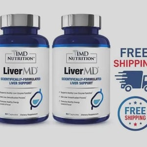 May include: Two blue and white supplement bottles labeled "Liver MD" with silver lids. The bottles have text that reads "Scientifically-Formulated Liver Support." The image also includes a "Free Shipping" graphic.