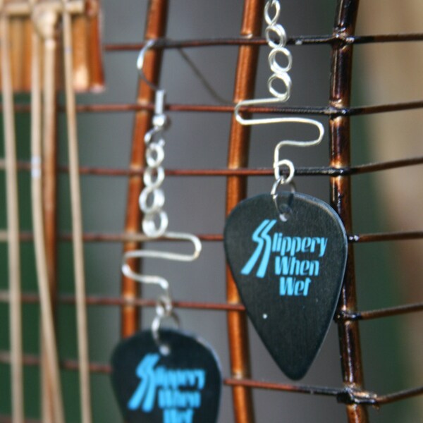 Bon Jovi Slippery When Wet Repurposed Guitar Pick Earrings with Wire Accents