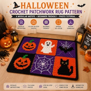 Mönster för virkad Halloween-matta, lapptäcksfilt, pumpa, spöke, fladdermuskatt (PDF-nedladdning)
