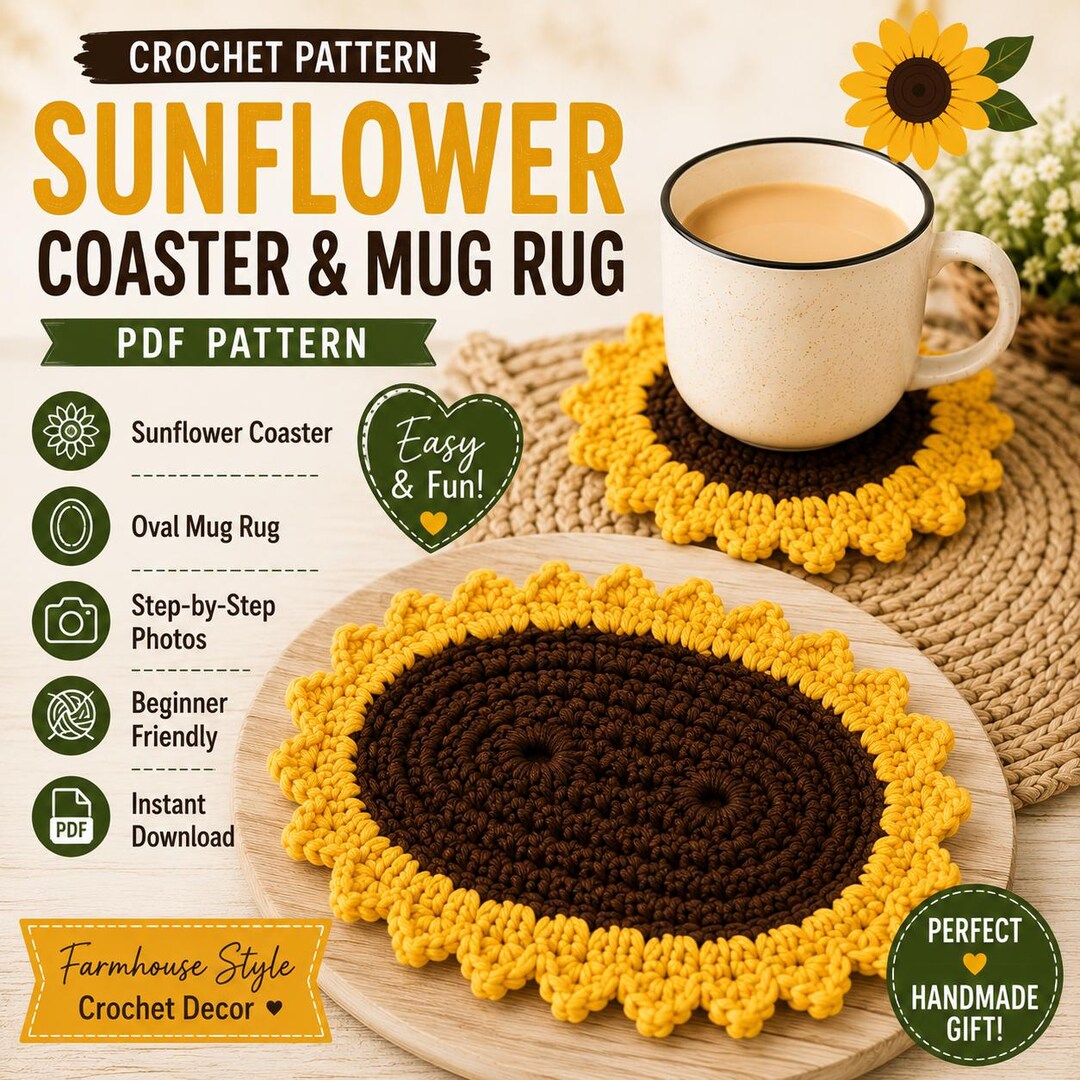 Crochet Sunflower Coaster Pattern PDF, Mug Rug PDF - Etsy