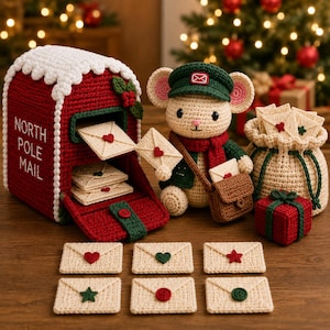 Wzór na szydełkową skrzynkę pocztową na święta Bożego Narodzenia, Myszka Bieguna Północnego Amigurumi w formacie PDF, Interaktywny zestaw pocztowy Świętego Mikołaja, Świąteczna zabawka szydełkowa