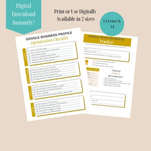 May include: A digital download featuring a Google Business Profile Optimization Checklist and Tracker. The checklist includes sections on essentials, photos, reviews, and posting. The tracker helps monitor local visibility. Available in US Letter and A4 sizes.
