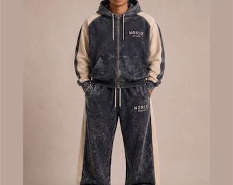 Oversized Acid Wash Tracksuit Men Vintage Zip Hoodie Jogger Set Streetwear Outfit