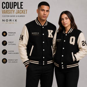 May include: Black varsity jackets with cream-coloured sleeves. The jackets feature white trim, the letters "K" and "Q", and the number "24". The text "NORIX STUDIO" is visible on the jackets. The image also includes text that says "COUPLE VARSITY JACKET".