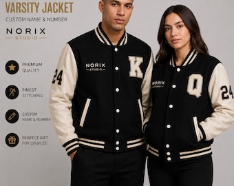 Custom Couple Varsity Jacket Personalized Name Number King Queen Matching Letterman Bomber Jackets