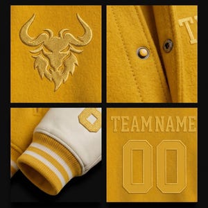 May include: Close-up shots of a yellow varsity jacket. Details include a gold embroidered bull logo, snap closures, a white and yellow striped cuff, and the text "TEAM NAME" with the number "00" in gold.