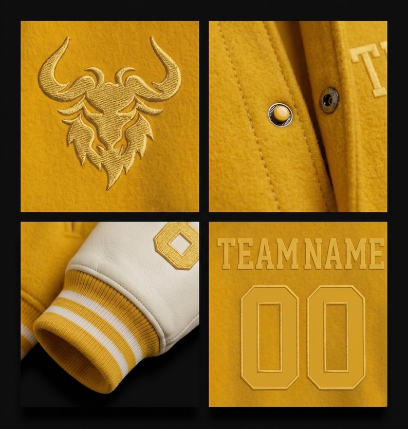 May include: Close-up shots of a yellow varsity jacket. Details include a gold embroidered bull logo, snap closures, a white and yellow striped cuff, and the text "TEAM NAME" with the number "00" in gold.
