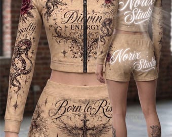 NORIX STUDIO Oversized Heavyweight Hoodie Set, Luxury Y2K Streetwear, Embroidered Floral Gothic Hoodie & Shorts
