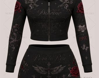 Vintage Gothic Hoodie Set, Luxury Streetwear Tracksuit, Oversized Y2K Hoodie, Dark Feminine Outfit
