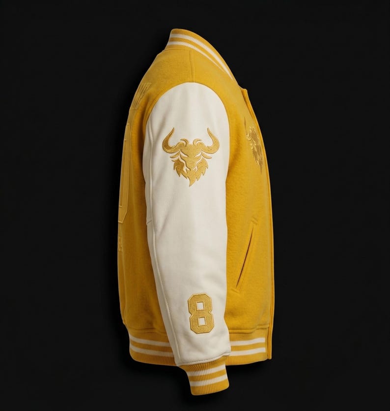 May include: A yellow varsity jacket with cream-colored sleeves. The jacket features a gold embroidered bull logo on the sleeve and the number 8. White and gold striped trim accents the collar, cuffs, and hem. The jacket is displayed against a black background.