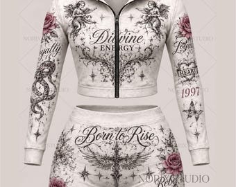 Vintage Angel Hoodie Set, Y2K Gothic Streetwear, Cropped Zip Up Hoodie, Butterfly Shorts Outfit