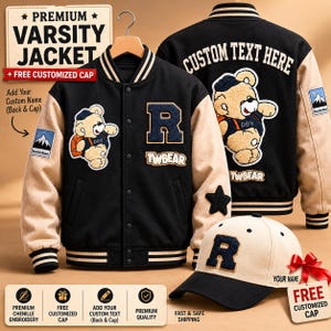 Personalized Teddy Bear Varsity Jacket, Custom Name Letterman, Chenille Patch work , Free Custom Cap