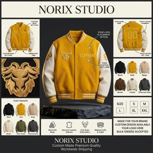 May include: A mustard yellow varsity jacket with white sleeves, featuring a gold embroidered emblem and the text "TEAMNAME". The image also displays color options and customization details, including the text "NORIX STUDIO".