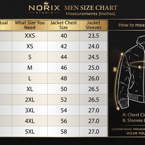 May include: A size chart for men's jackets, with measurements in inches. The chart includes chest size, jacket size, and sleeve length, along with a diagram illustrating how to measure chest circumference and sleeve length.