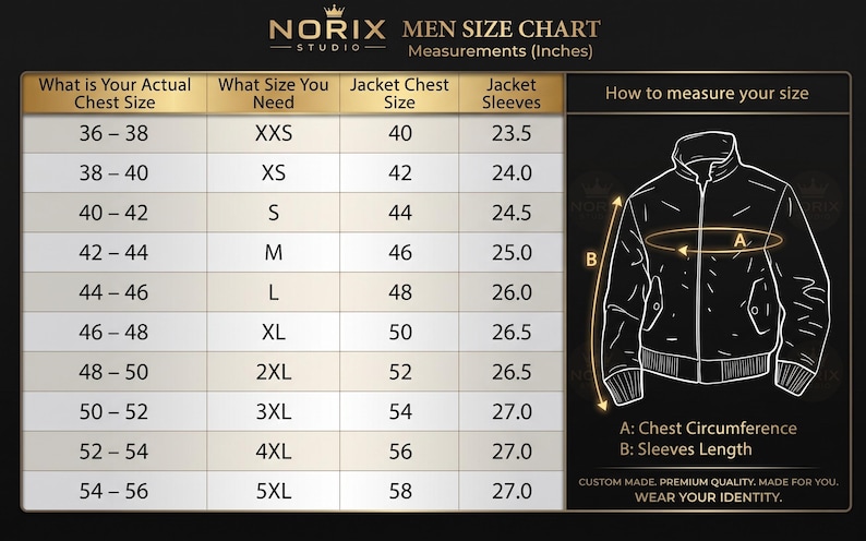 May include: A size chart for men's jackets, with measurements in inches. The chart includes chest size, jacket size, and sleeve length, along with a diagram illustrating how to measure chest circumference and sleeve length.