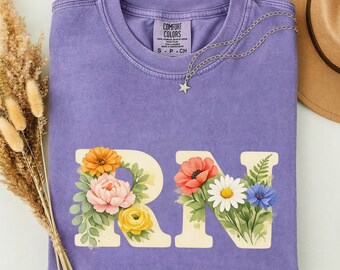 Botanical Nurse Tee, Floral RN Tee Wildflower Shirt, Comfort Colors Nurse Week Gift, Registered Nurse Appreciation, Cottagecore RN