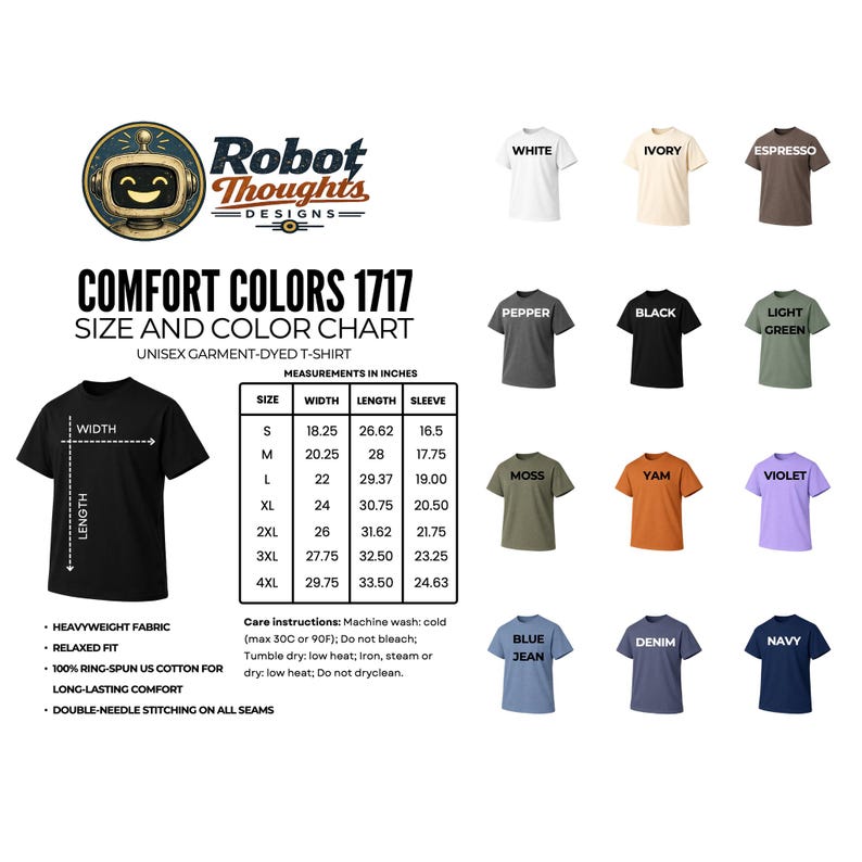 以下が含まれることがあります： Comfort Colors 1717 ユニセックスガーメントダイTシャツのサイズとカラーチャートの製品画像。チャートにはインチ単位の測定値が含まれており、サイズはSから4XLまであります。白、アイボリー、黒など、さまざまなTシャツの色が表示されています。