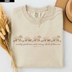 Psalm 23 Shirt Women, Surely Goodness and Mercy Sheep Tee, Faux Embroidered Christian Keepsake, Faith Baptism Gift, Comfort Colors