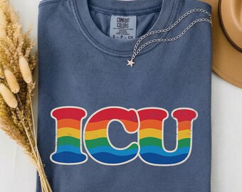 Vintage ICU Nurse Shirt, Retro 70s Groovy ICU Tee, Critical Care Nurse Week Gift, Rainbow Stripe Comfort Colors ICU Appreciation Shirt