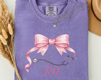Pink Bow Nurse Shirt, Coquette Stethoscope Tee, Soft Feminine Nurse Week Gift, Pastel RN Shirt, Balletcore Nurse Comfort Colors
