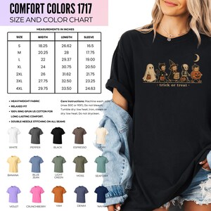 Black t-shirt with vintage Halloween trick-or-treaters graphic, size chart, and color swatches.