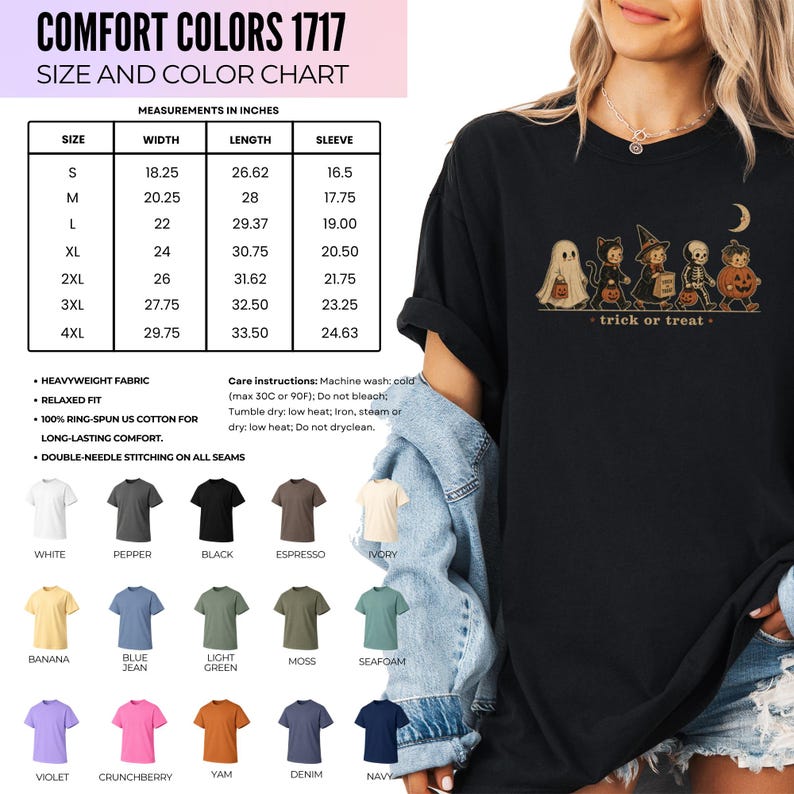 Black t-shirt with vintage Halloween trick-or-treaters graphic, size chart, and color swatches.