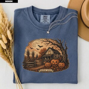 Vintage Halloween Shirt Womens Nostalgic Fall Tee, Retro Hollow Pines Farmhouse Pumpkin Scene Shirt, Autumn Harvest Comfort Colors Tee