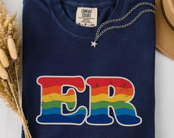 Vintage ER Nurse Shirt, Retro 70s Groovy ER Nurse Tee, Emergency Nurse Week Gift, Rainbow Comfort Colors Emergency RN Appreciation Shirt