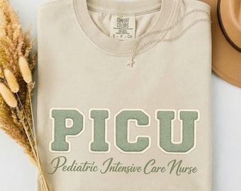 PICU Nurse T-Shirt, Chenille Varsity Pediatric ICU Nurse Tee, PICU Nurse Week Gift, Faux Embroidered Peds icu rn, Comfort Colors picu Gift