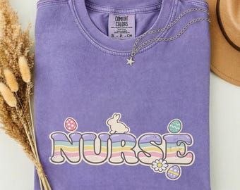 Easter Nurse Shirt, Vintage Retro 70s Pastel Nurse Tee, Spring Bunny Nurse Gift, Groovy Easter Comfort Colors RN Appreciation Spring Shirt