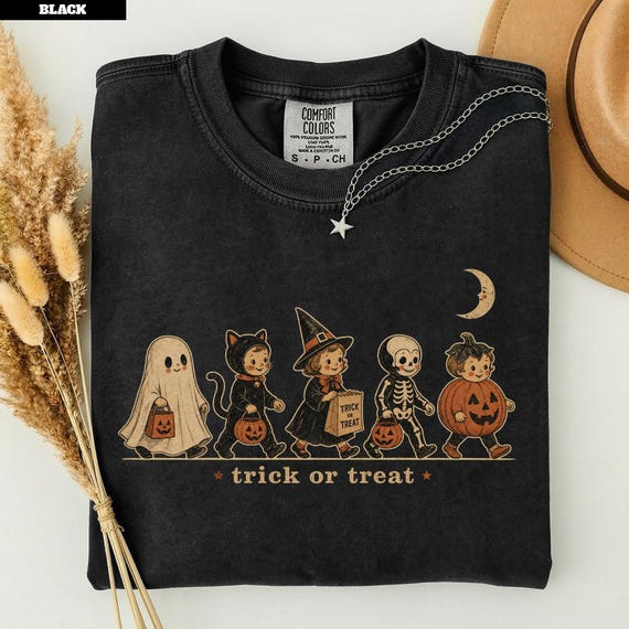 Vintage Halloween Shirt Womens Trick or Treat Tee, Retro Costume Parade Die Cut Kids Postcard Shirt, Nostalgic Fall Comfort Colors Tee